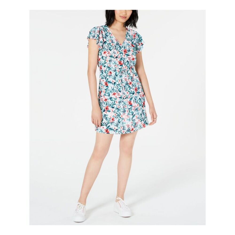 MAISON JULES Womens White Floral Cap Sleeve Above The Knee Shift Dress Size: S